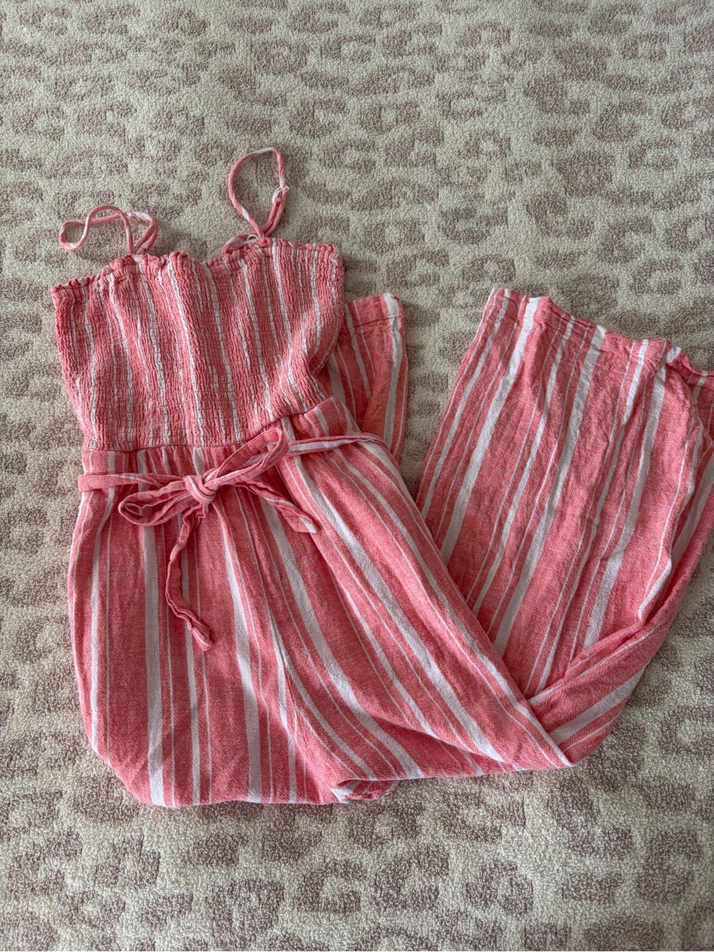 LOFT Coral Pink and White Striped Smocked Jumpsuit